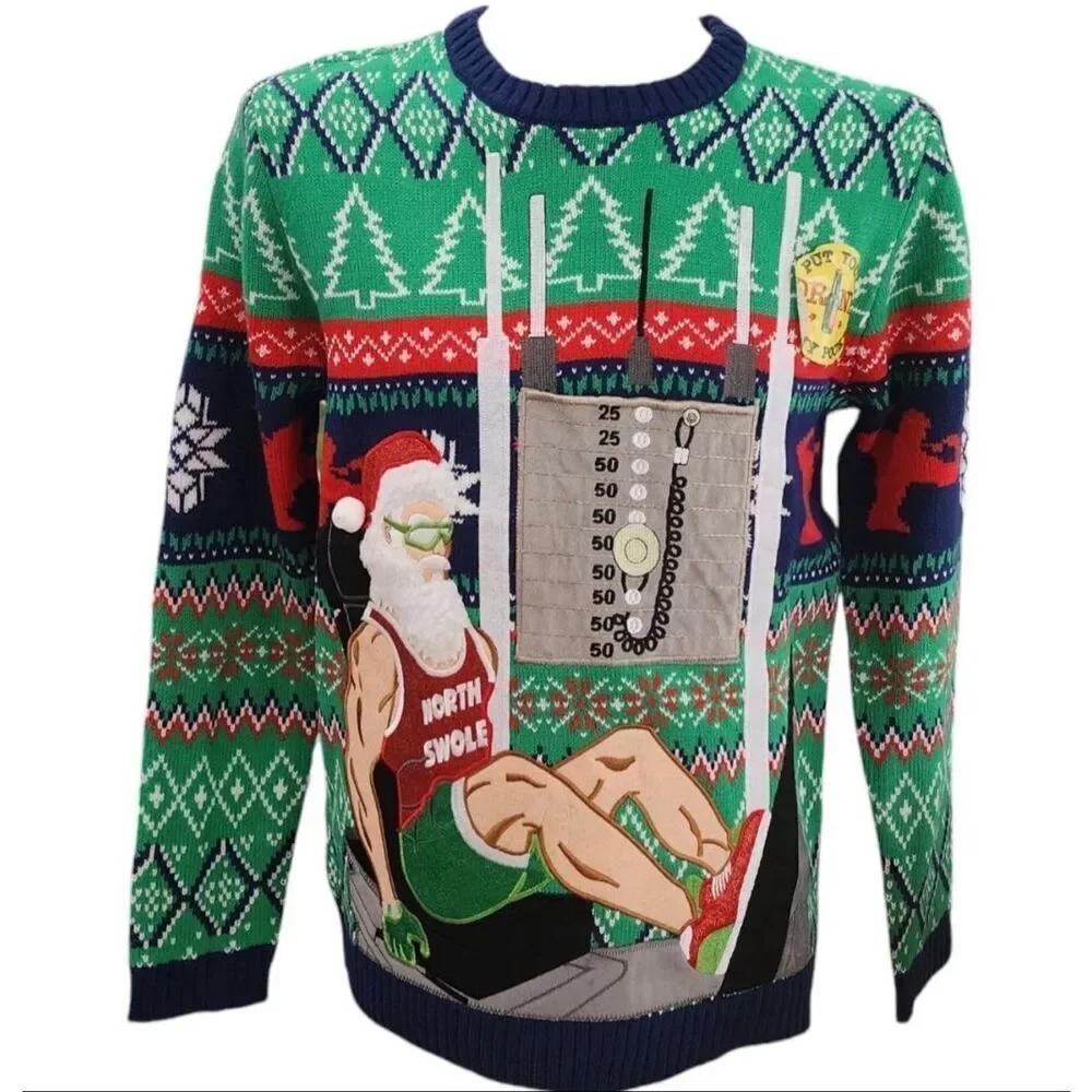 Blizzard Bay Mens Ugly Christmas Sweater North Swole Bodybuilder Drink Pocket M